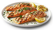 A plate of grilled salmon fillet with lemon wedges and fresh herbs garnish, offering a protein-rich and flavorful seafood option presented elegantly on a white surface.