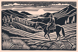 Fototapeta  - Landscape with a cowboy on a horse, vector illustration