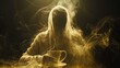 ghost drinking coffe, steam, long exposure light painting technique, 16:9