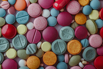 A pile of colorful pills, including blue, green, red, and yellow