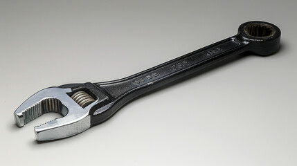 Close-up of an adjustable metal wrench lying on a plain white background.