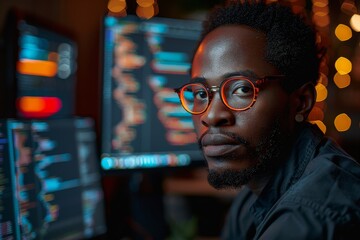 Stylish African American coder donning orange glasses, focusing on the screen in a blue-hued setting