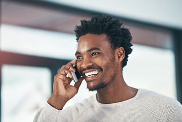 Poster - Happy, black man and laughing with phone call for funny joke, conversation or humor at office. Young African or male person with smile on mobile smartphone for comedy, friendly discussion or fun chat