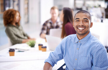 Aufkleber - Portrait, business man and interior design meeting in creative office for teamwork, review or planning. Company, smile and male employee for collaboration, discussion or professional in workplace