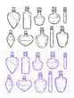Set of glass bottles, elixir, poison, magic potion, witches craft, vector sketch illustration, black outline, print design