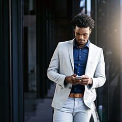 Wall Mural - businessman, typing and balcony with phone for communication, social media or news in city. african 
