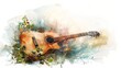 Guitar on abstract watercolor background. Digital illustration painting. Ai generative.