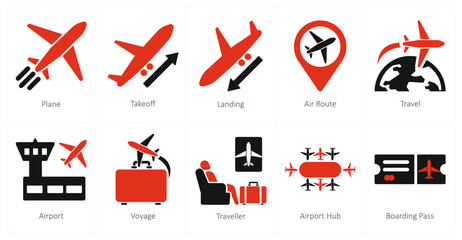 A set of 10 airport icons as plane, takeoff, landing