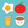 Coffee tea cup, orange juice glass, fried egg, apple fruit. Breakfast healthy food icon set. Cute cartoon kawaii characters. Smiling faces, eyes. Contour line doodle Flat design Blue background Vector