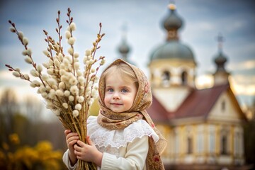 Palm Sunday. Christianity. Portrait of a three-year-old girl in a Russian folk shawl with willow branches in her hands against the background of an Orthodox church.