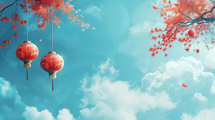 Wall Mural - A tranquil sky blue background with festival decorations on the left side.