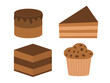 Delicious chocolate dessert, pastries, cupcake muffin, Birthday cake slice set. Chocolate cakes collection. Different shape pieces. Cute cartoon food. Flat design. Isolated. White background. Vector