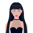 Portrait of woman. Young girl modern face. Black long hair with bangs. Beautiful lady, female. Front view. Avatar for social networks. Pink lipstick makeup. Flat design. White background. Vector