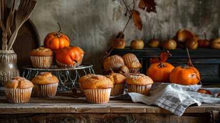 Poster - Many muffins and pumpkins on table