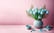 a blue vase with flowers with pink background Generative AI