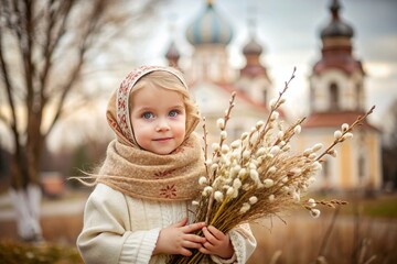 Palm Sunday. Christianity. Portrait of a three-year-old girl in a Russian folk shawl with willow branches in her hands against the background of an Orthodox church.