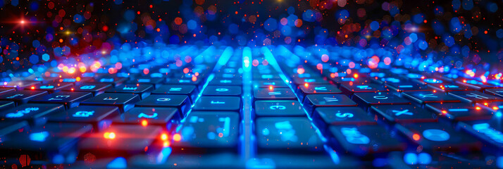 Wall Mural - Close-Up of Computer Keyboard, Digital Technology and Communication, Blue Light Concept
