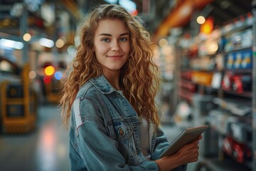 Confident young woman uses a tablet in a warehouse setting, showcasing tech fluency