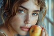 Stunning close-up of a young woman with freckles holding an apple near her face, showing beauty and health