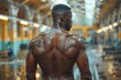 © Larisa AI - A powerful display of raw strength and determination, this image captures a muscular man deeply focused during his workout in a gym setting