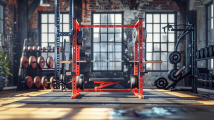 A red gym with a bench and weights