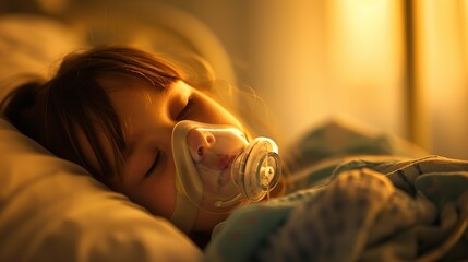 girl 5 years wearing oxygen mask sleeping in bed, recovering after sickness in hospital ward. icu ro
