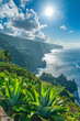 Summer landscape of rocky coastline overlooking the sea and mountains with tropical plants