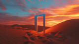 A large door is in the middle of a desert