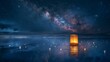  A poignant portrayal merging Memorial Day, the Lantern Festival, and a single paper lantern casting its reflection on tranquil waters, beneath the majestic expanse of the Milky Way.