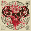 Vector illustration with people skull with horns, blood spots, pentagram, occult and witchcraft signs in grunge style. The symbol of Satanism Baphomet and magic runes written in a circle
