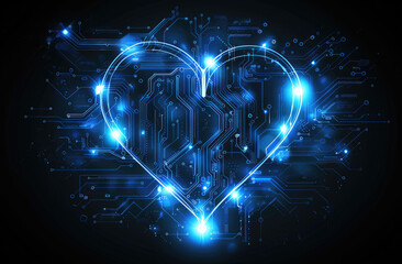 Wall Mural - vector circuit board heart, blue glowing on dark background