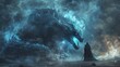 A lone figure faces an immense cosmic dragon, its body swirling with celestial energy, in a dramatic confrontation amidst the stars, Digital art style, illustration painting.