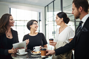 Aufkleber - Business people, tablet and coffee break with conference, conversation and planning with networking. Staff, group and employees with technology, digital app or connection with morning tea or speaking