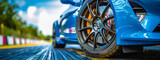 Fototapeta  - Luxury Sports Car Detailing, Close-Up of Wheels and Brakes, High-Performance Vehicle Concept