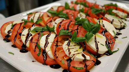 Wall Mural - An elegant caprese salad featuring ripe tomatoes, fresh basil leaves, mozzarella cheese slices drizzled with balsamic glaze arranged beautifully on a white platter 