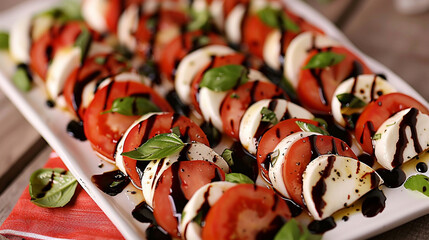Wall Mural - An elegant caprese salad featuring ripe tomatoes, fresh basil leaves, mozzarella cheese slices drizzled with balsamic glaze arranged beautifully on a white platter