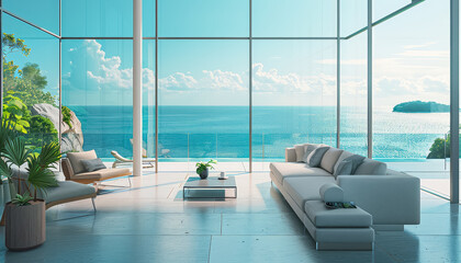 Wall Mural - A large white living room with a view of the ocean