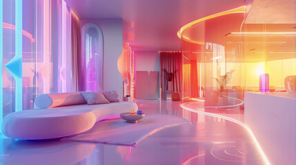 Futuristic living room interior with pink and orange neon lights, glass walls and curved furniture in retro futurism style