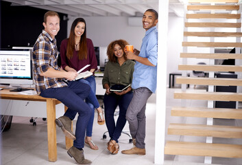 Aufkleber - Meeting, documents and portrait of business people in office for idea, collaboration or planning. Proposal, diversity and group of employees for teamwork, review or discussion at interior design firm