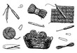 Sketch set of crochet hook, yarn, stitch marker, handicraft tools. Hobby, knitwork doodle. Outline vector illustrations collection.