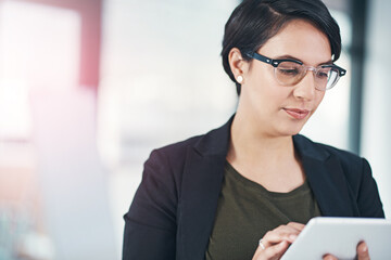 Poster - Business woman, research and browsing with tablet for online news, data or corporate statistics at office. Female person or employee scrolling and reading on technology for review, feedback or report