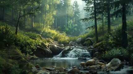 Sticker - A stream flows through a woodland with rocks and trees