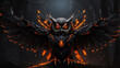 A dark owl with glowing orange eyes and wings made of fire.

