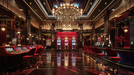 A casino with a red carpet and chandelier