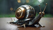 A silver and gold snail made of metal is sitting on a wooden table. It has two antennae and is looking to the right. The background is blurry and looks like a forest.


