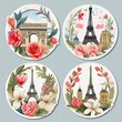 Circular Floral Wreath Stickers featuring illustrations of iconic Parisian landmarks 
