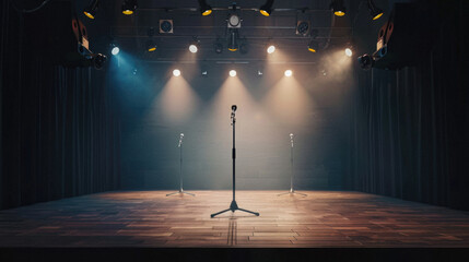 Wall Mural - A microphone is on a stand in a dark room with lights on