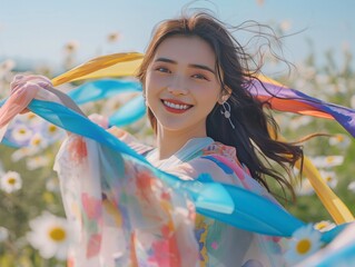 Poster - A woman is wearing a colorful scarf and standing in a field of flowers. She is smiling and she is happy