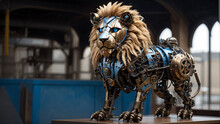  A Steampunk Lion Sculpture Made Of Metal With Glowing Blue Eyes.