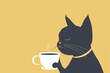black cartoon cat savoring the aroma of a hot cup of coffee or tea